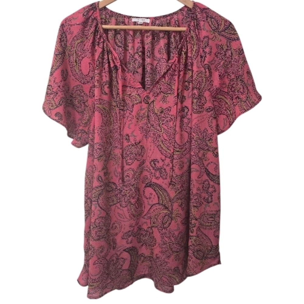 Maurices Boho Paisley Tassel Blouse Pink Flutter Sleeve Plus Sz 2 Spring Career